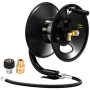 M MINGLE front view of hose reel showing sturdy steel frame and powder coat finish for durability