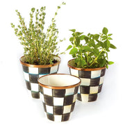 MACKENZIE-CHILDS front view of three Courtly Check pots showcasing pattern and charm