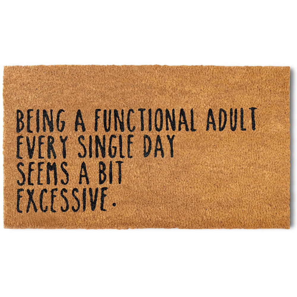 MAINEVENT front view of the coir door mat showing bold message and welcome benefit