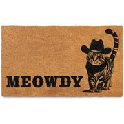 MAINEVENT front view of Meowdy doormat showing welcoming black cat and benefit of charming curb appeal