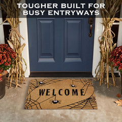 MAINEVENT doormat placed at an entryway demonstrating practical use and festive style