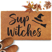 MAINEVENT front view of witch coir doormat showing welcome design and curb appeal