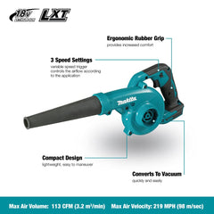Makita DUB185Z nozzle close-up highlighting air outlet efficiency benefit