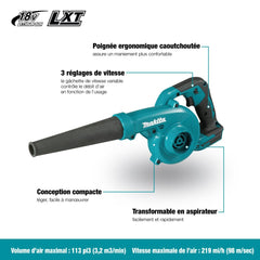 Makita DUB185Z with 18V battery for scale and quick-change battery benefit