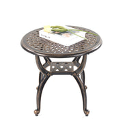 Mandolin copper round table front view showing durable finish and elegant shape