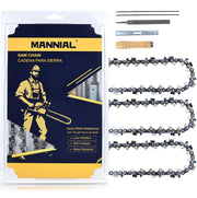 Mannial front packaging showing three 20-inch chains and kit, ready for immediate use
