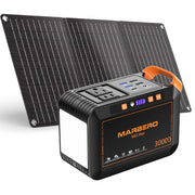 MARBERO power station and 30W solar panel front view showing portability benefit