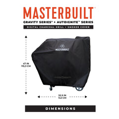 Masterbuilt covered grill beside people showing scale and easy fit benefit