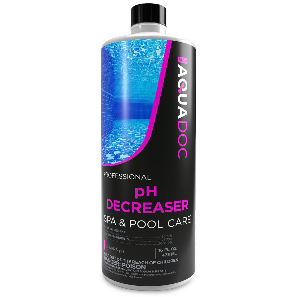 MAV AquaDoc front packaging showing bottle and product name benefiting clear spa water