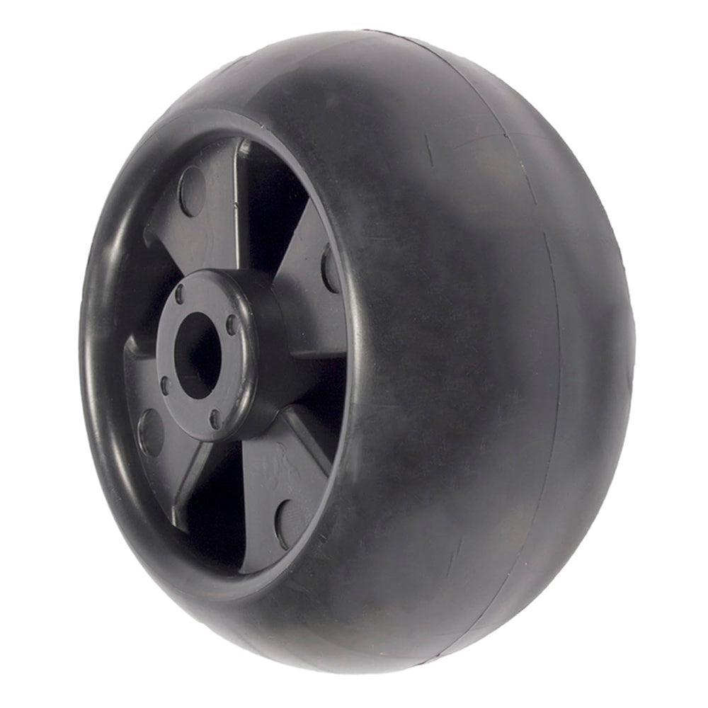 Maxpower deck wheel front view showing dimensions and fit for John Deere, durable replacement
