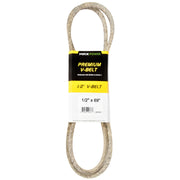 Maxpower front view of 1/2" x 69" V-belt showing label and fit benefits
