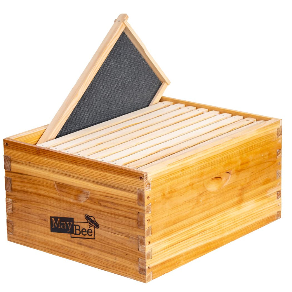 MayBee front view deep brood box showing beeswax finish and benefit of weather resistance
