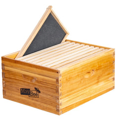 MayBee front view deep brood box showing beeswax finish and benefit of weather resistance