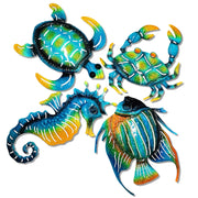 Meduofon front view of all four ocean metal sculptures showing colorful set