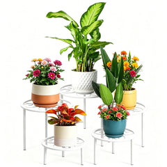 mekpiwu front view of five metal plant stands showing clean minimalist look and cohesion