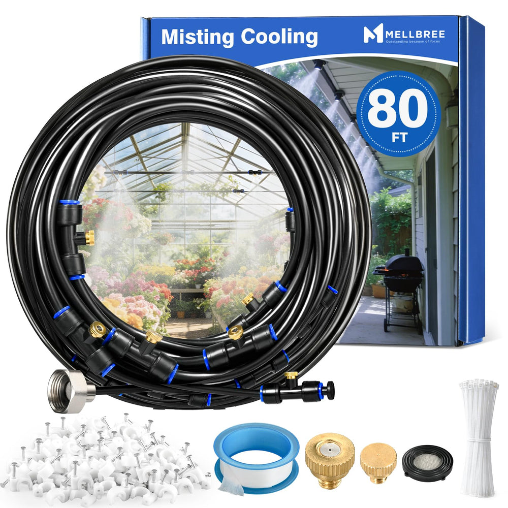 Mellbree front packaging showing complete pre-assembled outdoor misting kit benefits
