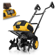 Mellif front view showing tiller body and steel tines for efficient soil prep