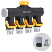 Melnor front view showing four high-flow outlets and compact design benefit