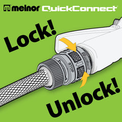 Melnor end connector attached to a hose coupling showing a secure, leak-resistant connection