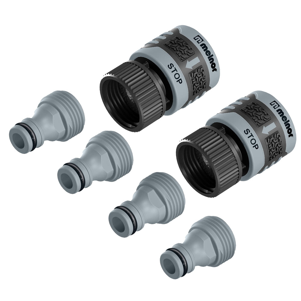 Melnor front packaging showing the 6-piece QuickConnect set and kit contents for fast tool swaps