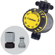 Melnor timer front view showing compact housing and faucet connection for easy installation
