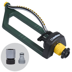 Melnor front view showing sprinkler body and even coverage benefit