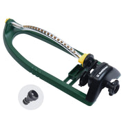 Melnor sprinkler front view showing full spray pattern and reliable coverage