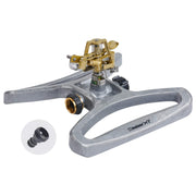 Melnor pulsating sprinkler front view showing stable base and spray benefit