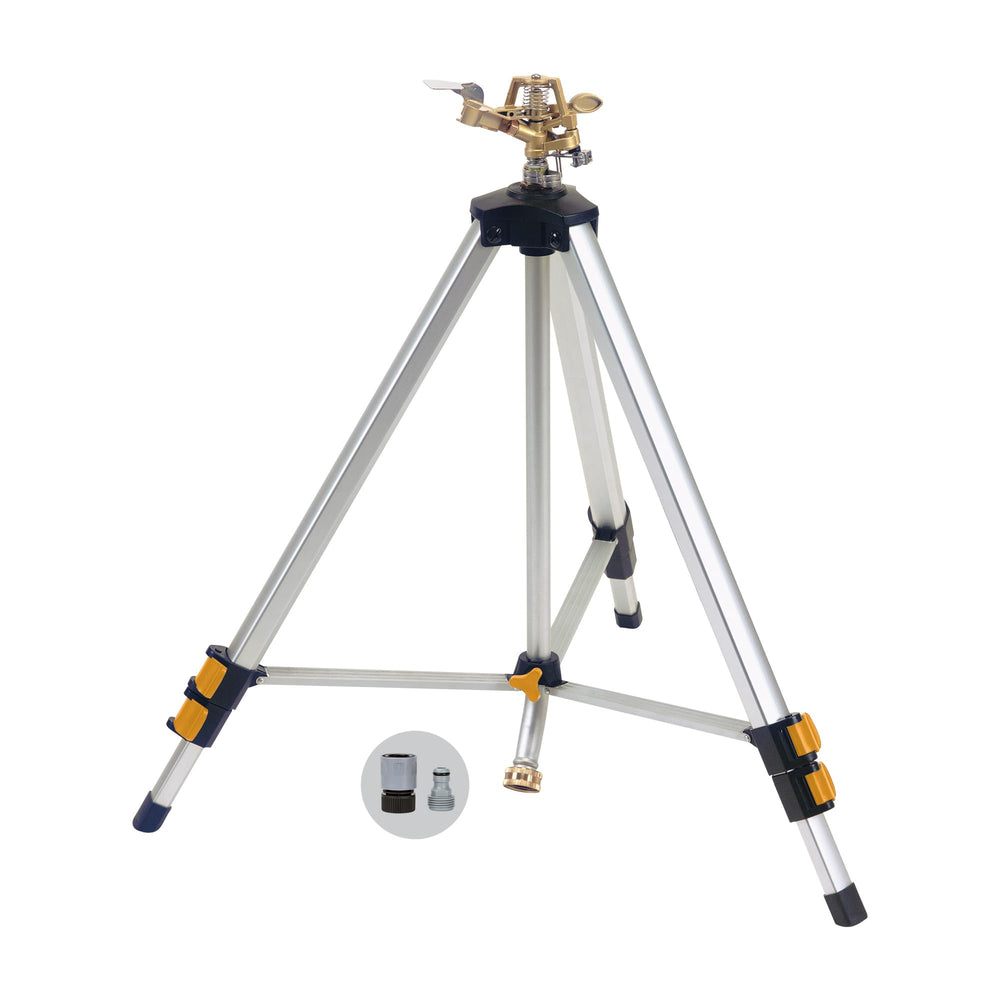 Melnor tripod front view showing stable base and elevated watering benefit