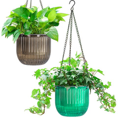 Melphoe front view of emerald and gray hanging planters showing color contrast and convenience
