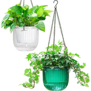 Melphoe front view of two hanging planters showing clear reservoir and plants, practical display