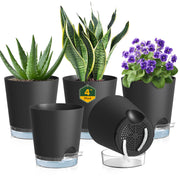 Meowell front view of five black self-watering pots showing compact set and neat design benefit