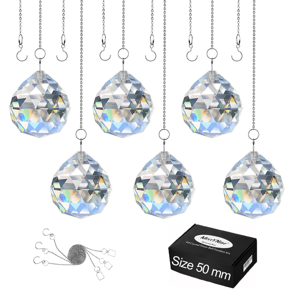 MerryNine front view shows six crystal balls and metal chains creating bright decor