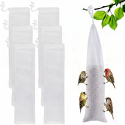 MEWTOGO front view of six finch sock feeders showing contents and funnels benefiting easy refills