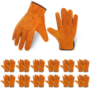 Meyeyaia front packaging showing twelve yellow cowhide glove pairs and quantity benefit