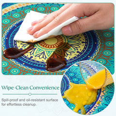 MHJY wiping a spill to show waterproof, easy-clean surface