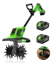 MiaEpic front view showing compact cordless tiller for easy maneuvering