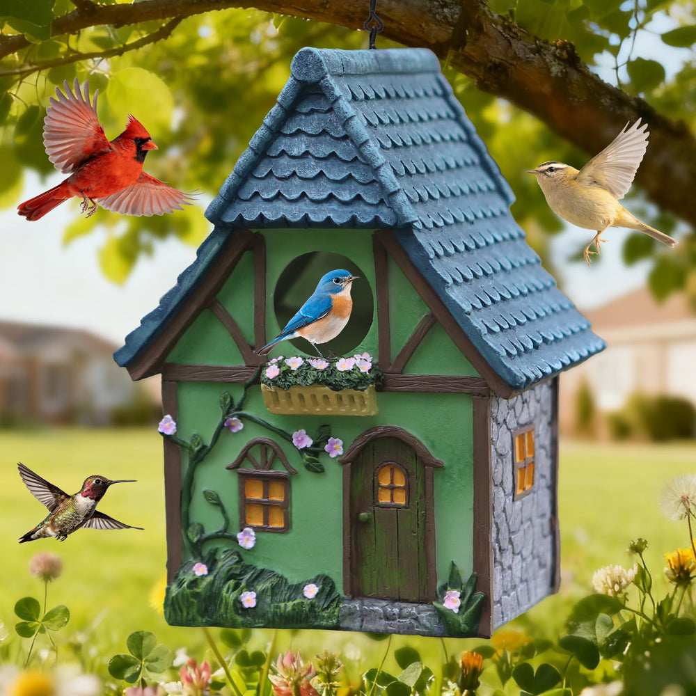 MINWOLF front view of green cottage birdhouse showing charming entrance and benefit shelter