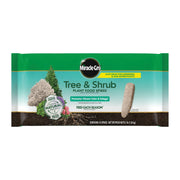Miracle-Gro front packaging showing 12 tree and shrub spikes benefits quick feeding