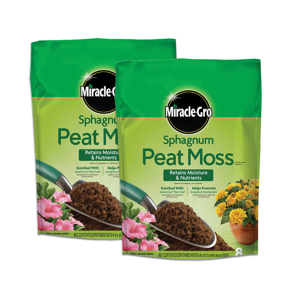 Miracle-Gro front packaging showing two 8 qt bags and product name benefits