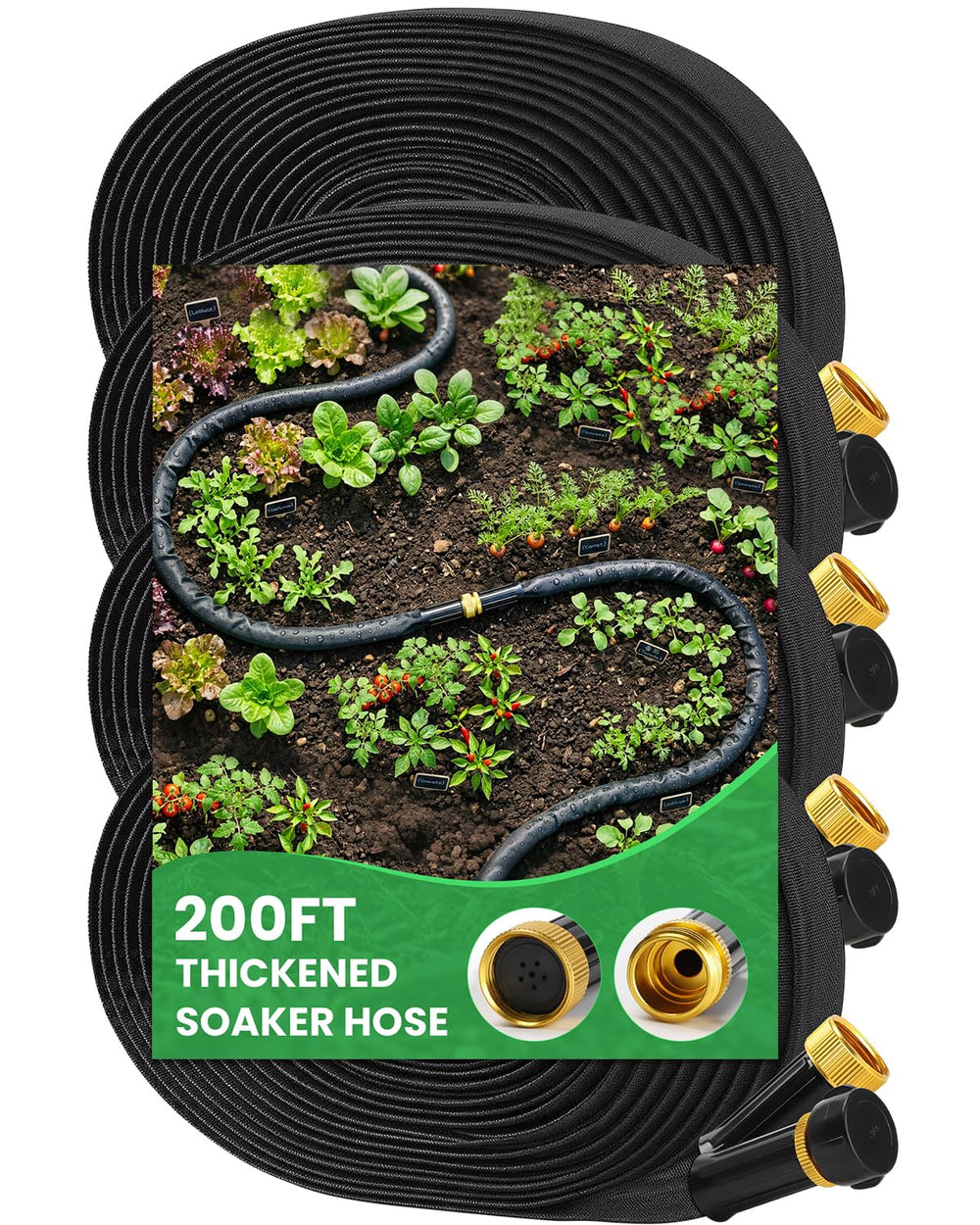 MIXC soaker hose front packaging showing durable 200ft length and features