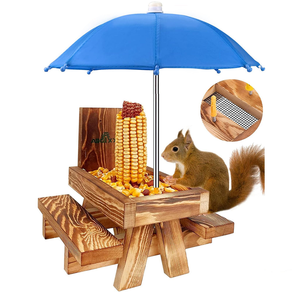 MIXXIDEA front view of picnic table feeder showing rustic cedar construction and red umbrella benefit: durable outdoor attraction