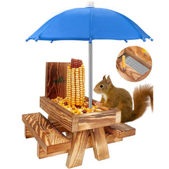 MIXXIDEA front view of picnic table feeder showing rustic cedar construction and red umbrella benefit: durable outdoor attraction