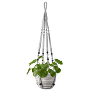 Mkono front view of grey macrame hanger showing decorative knots and pot support