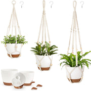 Mkono front view of hanging planter set showing macrame and pots for stylish display