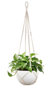 Mkono front view of ivory macrame hanger showing design and shape benefit