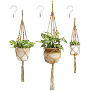 Mkono front view of three brown macrame hangers showing full set and sizes