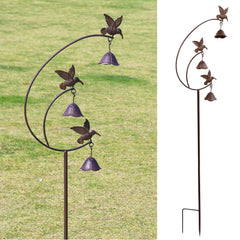 MNRYLKB front view of three hummingbirds on stake, enhances garden focal point
