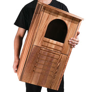 MOBYKE front view of owl house showing spacious entrance and natural finish for habitat appeal