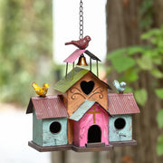 MOCOME front view showing four-hole colorful metal birdhouse and decorative bell for curb appeal